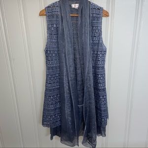 Kamana Blue women large Crochet Open Vest Boho Art to Wear teacher mature fairy